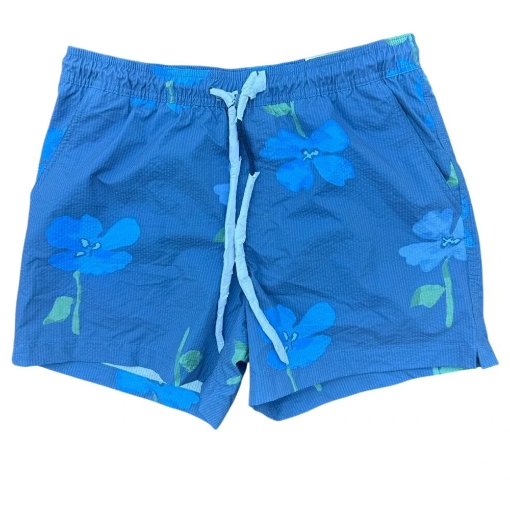 American Eagle Swim Trunks Mens Medium Blue Floral Seersucker 5